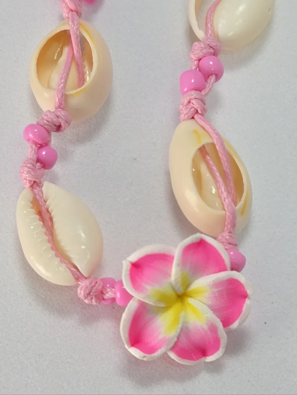 Island Girl Pink Cowrie Shell Anklet Plumeria Flower Braided Adjustable Coastal